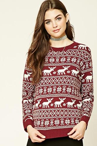 Forever21 Women's  Burgundy & Cream Moose Fair Isle Sweater