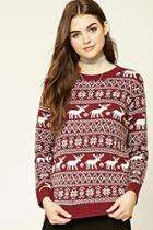 Forever21 Women's  Burgundy & Cream Moose Fair Isle Sweater