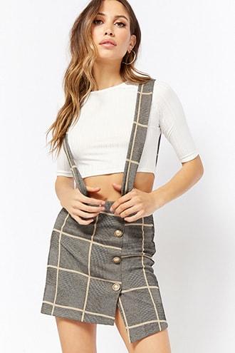 Forever21 Ribbed Top & Plaid Suspender Skirt Set