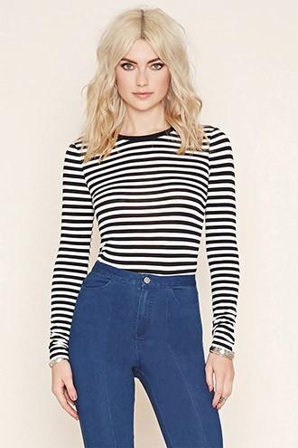Forever21 Women's  Black & Cream Striped Knit Top