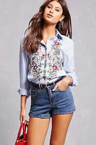 Forever21 Embroidered Floral Stripe Shirt
