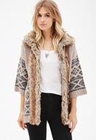 Forever21 Contemporary Faux Fur-trimmed Southwestern-patterned Cardigan
