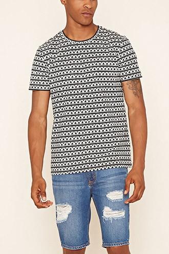 21 Men Men's  Black & Cream Geo Print Cotton Tee