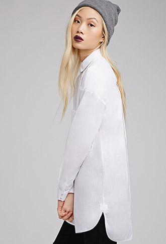 Forever21 Longline Button-down Shirt White Small
