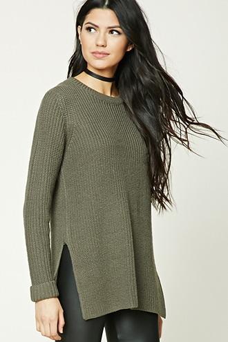 Forever21 Women's  Olive Vented-hem Boxy Sweater