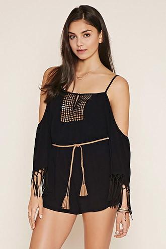 Forever21 Women's  Black Tasseled Open-shoulder Romper