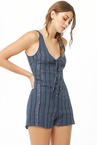 Forever21 Shadow Striped Lace-up Romper