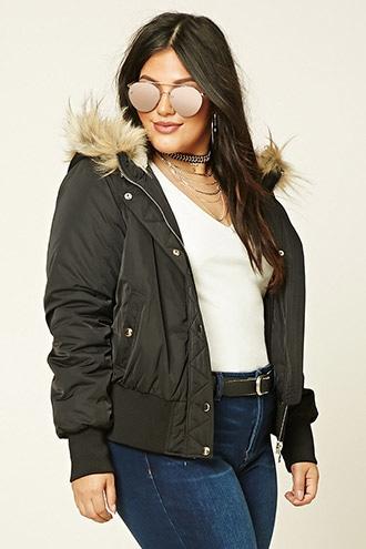 Forever21 Plus Women's  Black Plus Size Hooded Bomber
