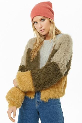 Forever21 Colorblock Shaggy Faux Fur Cardigan