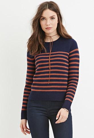 Forever21 Women's  Navy & Mauve Classic Striped Sweater