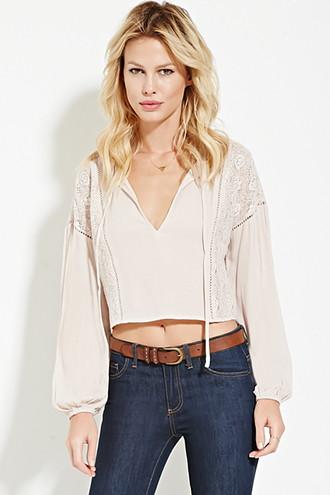 Forever21 Women's  Blush Crocheted Split-neck Gauze Top