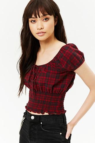 Forever21 Smocked Plaid Crop Top