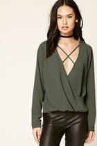 Forever21 Women's  Olive Surplice Front Top