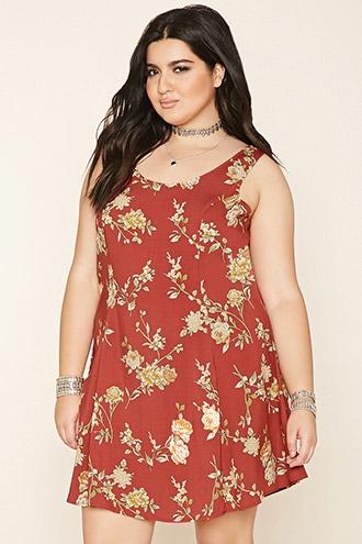 Forever21 Plus Women's  Rust & Yellow Plus Size Floral Print Dress