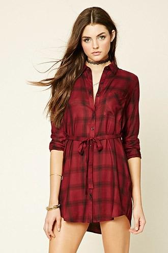 Forever21 Women's  Burgundy & Black Plaid Shirt Dress
