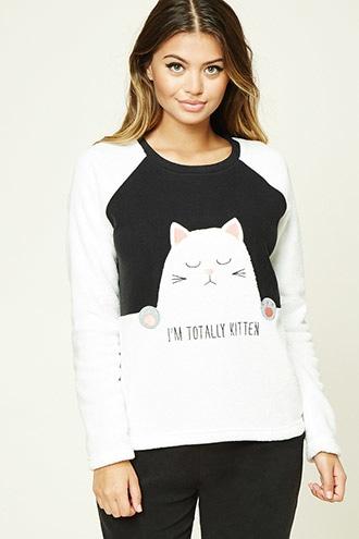 Forever21 Women's  Im Totally Kitten Fleece Pj Set