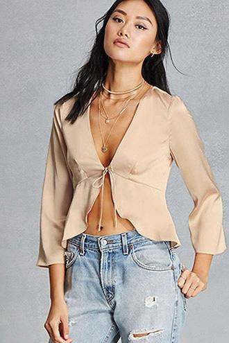 Forever21 Satin Tie-front Peplum Top
