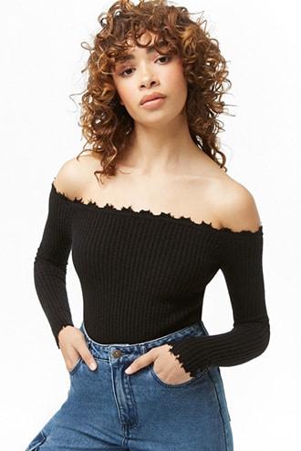 Forever21 Distressed Off-the-shoulder Crop Top