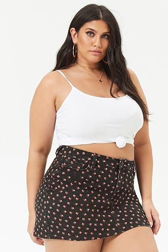 Forever21 Plus Size Rose Print Denim Mini Skirt