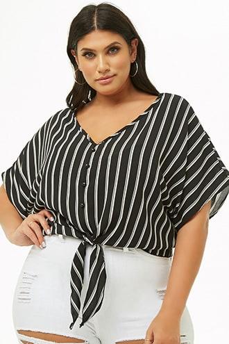 Forever21 Plus Size Striped Crepe Tie-hem Top