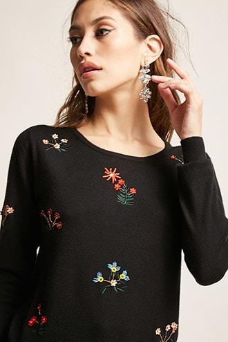 Forever21 Beaded Floral Sweater-knit Top