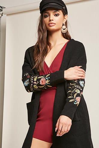 Forever21 Longline Floral Embroidered Cardigan
