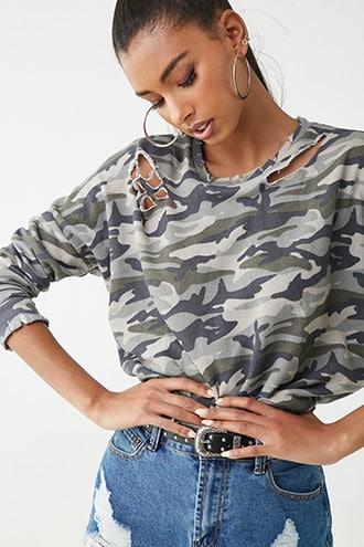 Forever21 Distressed Camo Print Sweatshirt
