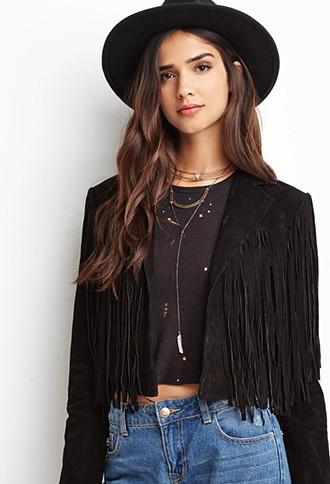 Forever21 Women's  Genuine Suede Fringe Jacket (black)