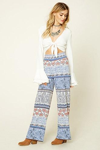 Forever21 Women's  Blue Paisley Print Palazzo Pants