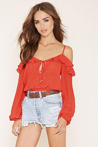 Forever21 Women's  Ruffled Open-shoulder Crop Top