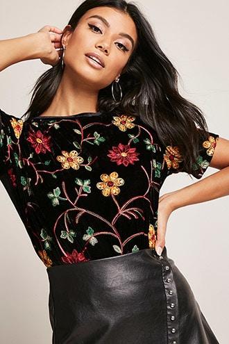 Forever21 Floral Embroidered Velvet Top