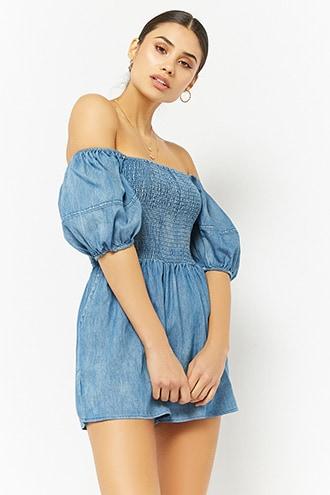 Forever21 Chambray Smocked Off-the-shoulder Romper