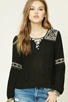 Forever21 Women's  Lace-up Embroidered Peasant Top