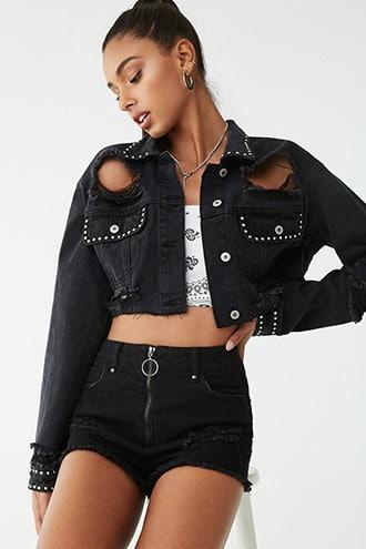 Forever21 Studded Destroyed Cropped Denim Jacket