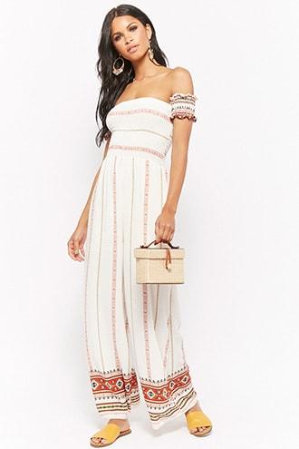 Forever21 Smocked Off-the-shoulder Geo Jumpsuit
