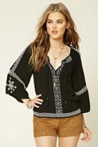 Forever21 Women's  Black & Cream Embroidered Peasant Top