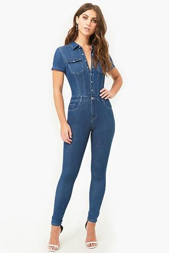 Forever21 Snap-button Front Denim Jumpsuit