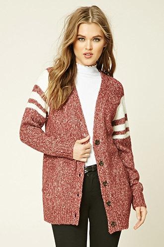 Forever21 Women's Burgundy & Cream Marled Knit Cardigan