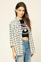 Forever21 Women's  Cream & Black Snap-button Tartan Plaid Shirt