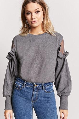Forever21 Ruffled Shoulder Mesh-insert Sweatshirt