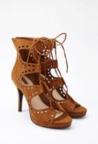 Forever21 Faux Suede Lace-up Cutout Pumps (chestnut)