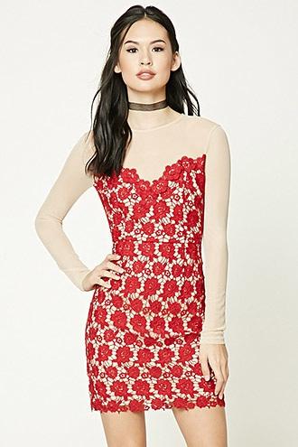Forever21 Women's Red & Nude Crochet Bodycon Dress