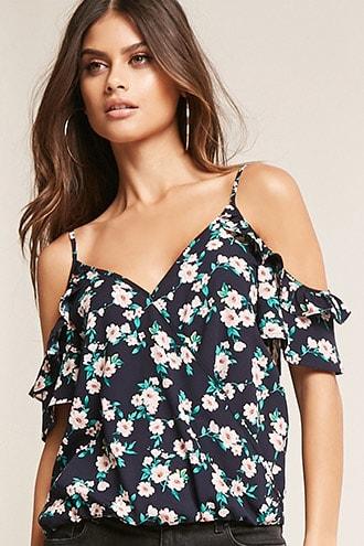 Forever21 Ruffled Open-shoulder Floral Top