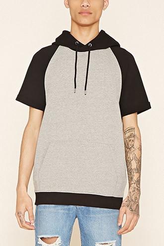 21 Men Men's  Light Grey & Black Cuffed Raglan Hoodie