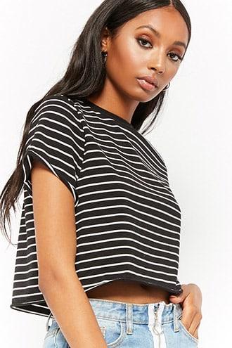 Forever21 Striped Raw-cut Cropped Tee