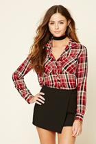 Forever21 Women's  Red & Black Snap-button Plaid Shirt