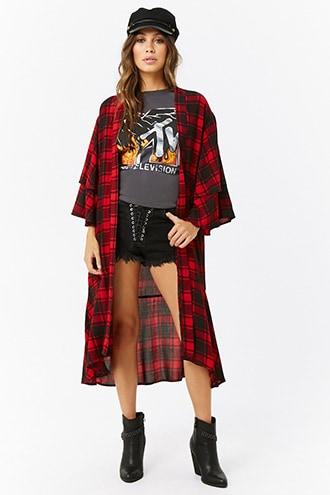 Forever21 Plaid Open-front Longline Jacket