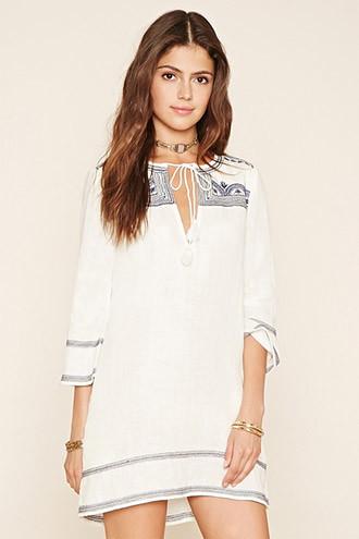 Forever21 Women's  Cream & Navy Embroidered Peasant Dress