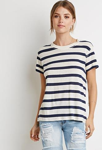 Love21 Women's  Navy & Cream Contemporary Cuffed-sleeve Stripe Tee