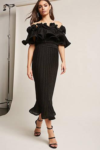 Forever21 Metallic Accordion Off-the-shoulder Midi Dress